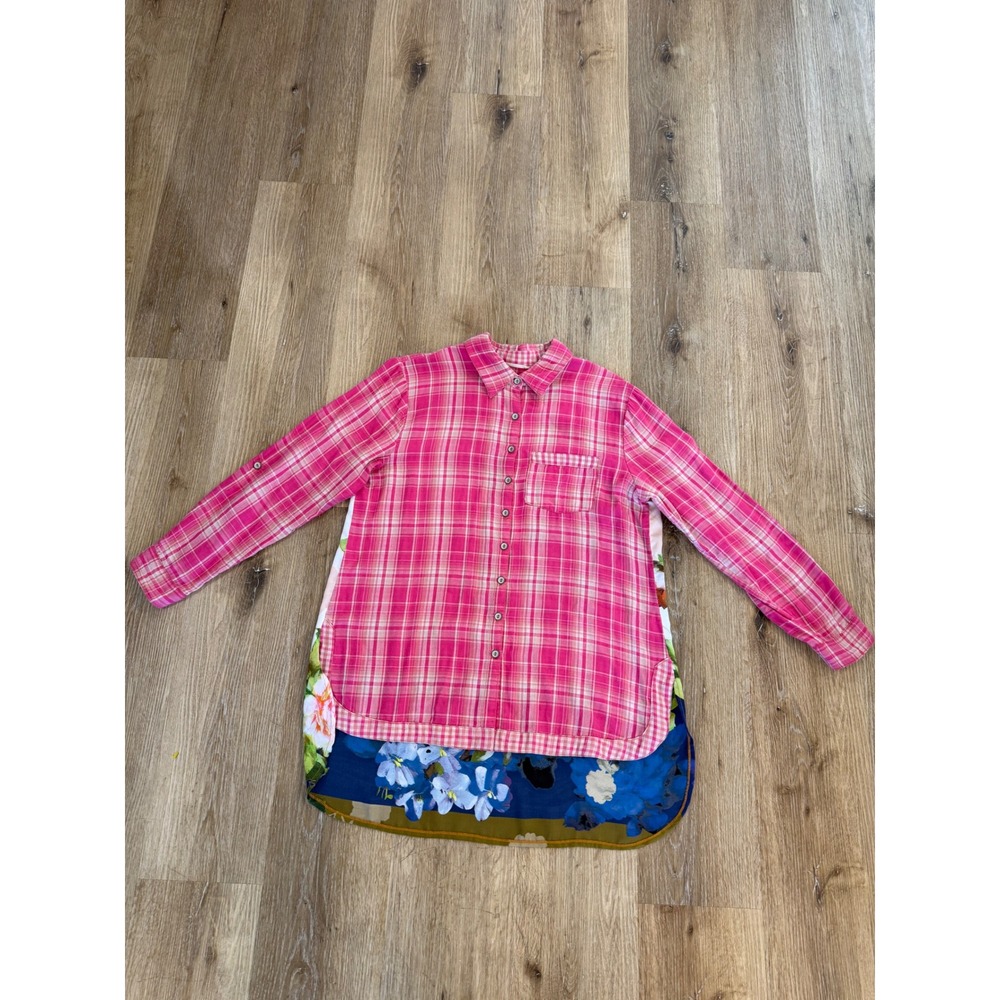 Soft Surroundings Tunic Women‎ M Pink Plaid Floral Mixed Media Boho Shabby Chic